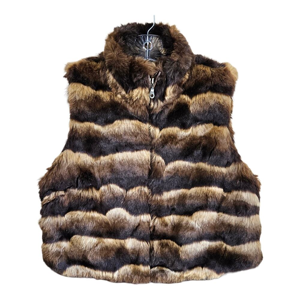 CHICO'S 1 Women's M 8/10 Faux Fur Vest Full Zip Brown Tan Faux Leather Lined 40"